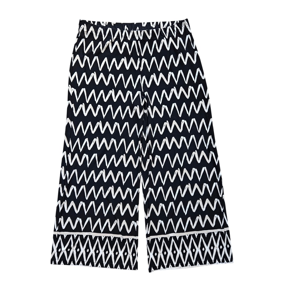 Chicos Wide Leg Crop Pants Black Cream Geometric Zig Zag Knit Size 2 Large L